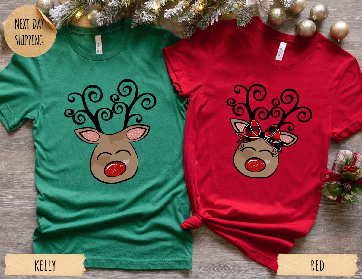 Couple Reindeer Face T Shirts Female and Male Reindeer Christmas T Shirts Christmas T Shirts For Couples Christmas T Shirts With Reindeer 1 scaled