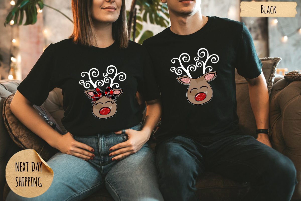 Couple Reindeer Face T Shirts Female and Male Reindeer Christmas T Shirts Christmas T Shirts For Couples Christmas T Shirts With Reindeer 2