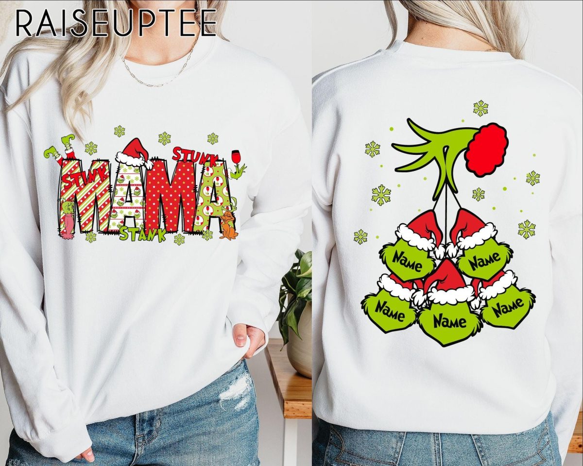 Custom Christmas Mama Kids Names Sweatshirt Christmas Grinch Mama CrewneckGrinchmas Grandma Gift SweatshirtStunk Stink Stank Mama Sweater 1