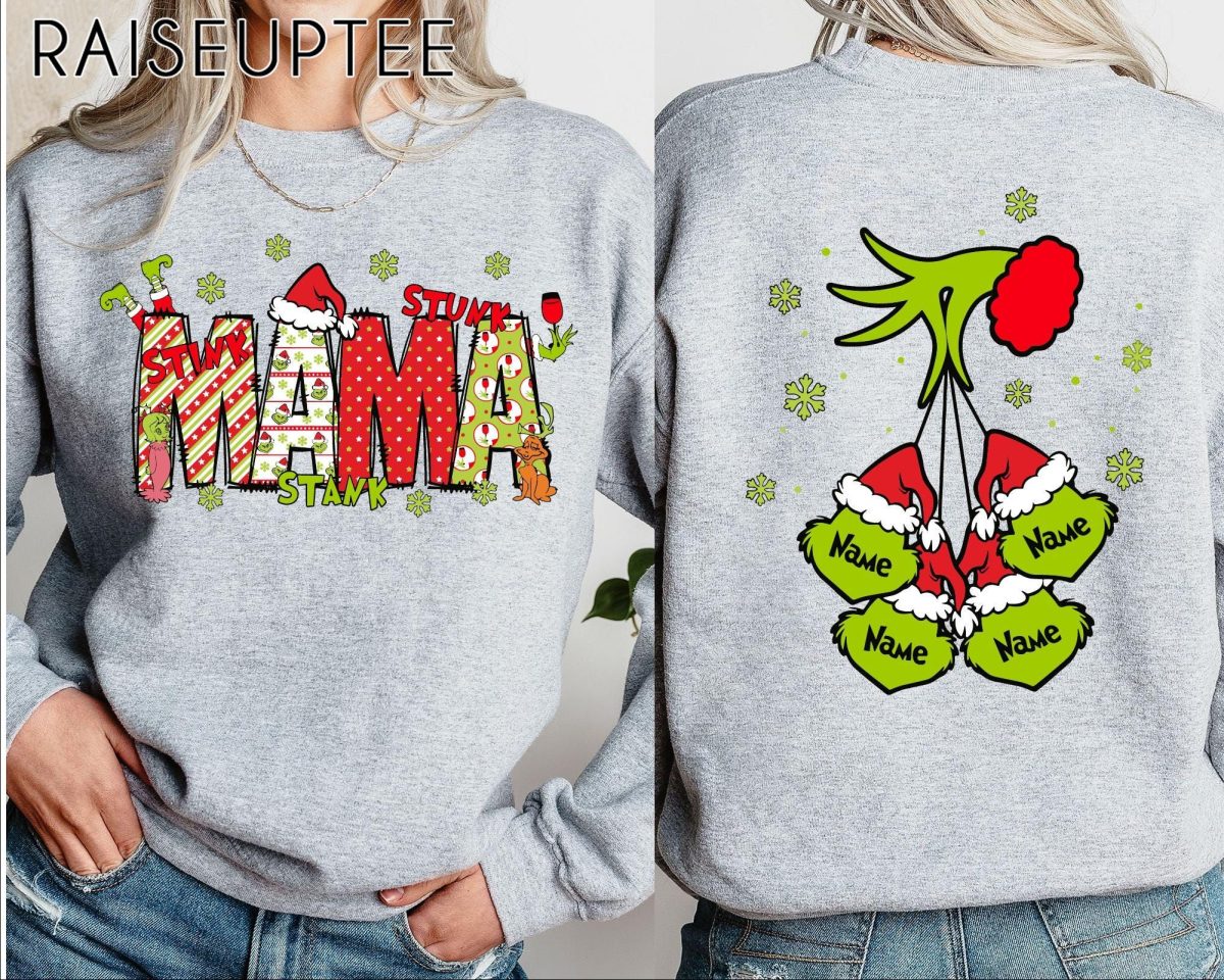 Custom Christmas Mama Kids Names Sweatshirt Christmas Grinch Mama CrewneckGrinchmas Grandma Gift SweatshirtStunk Stink Stank Mama Sweater 3