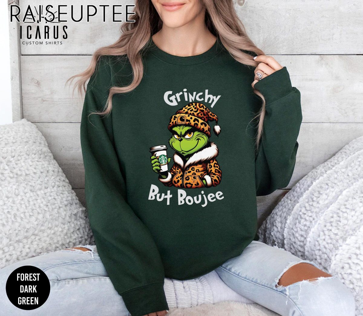 Grinchy but Boujee Christmas Sweatshirt Trendy Bougie Holiday Sweater Funny Christmas Gifts for Her Leopard Print Grinchmas Women Xmas 2 scaled