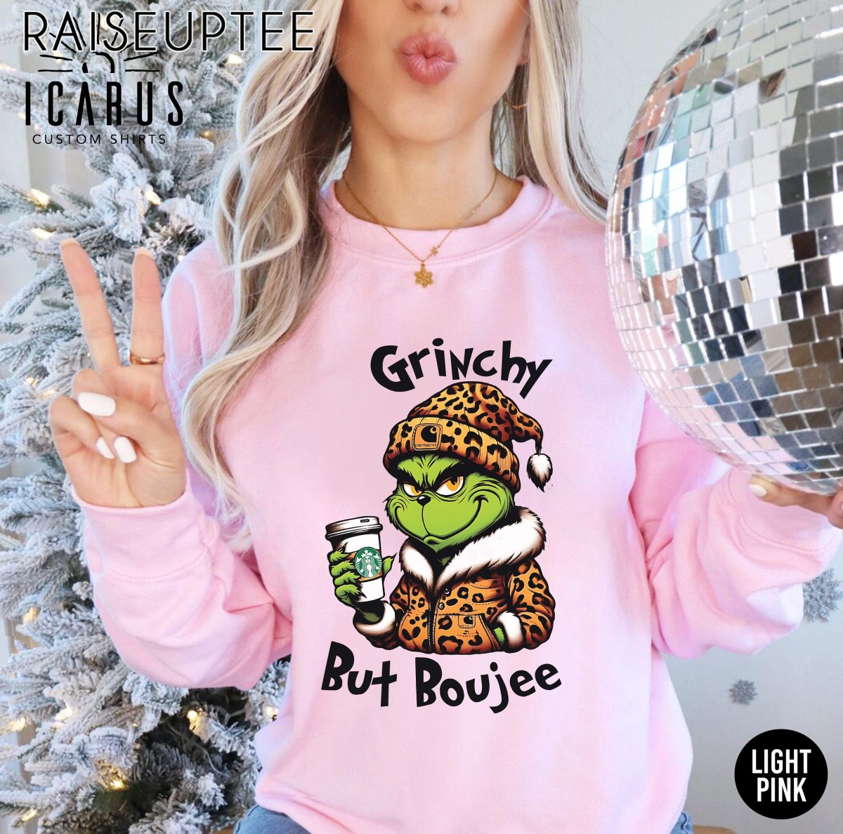 Grinchy but Boujee Christmas Sweatshirt Trendy Bougie Holiday Sweater Funny Christmas Gifts for Her Leopard Print Grinchmas Women Xmas 3 scaled