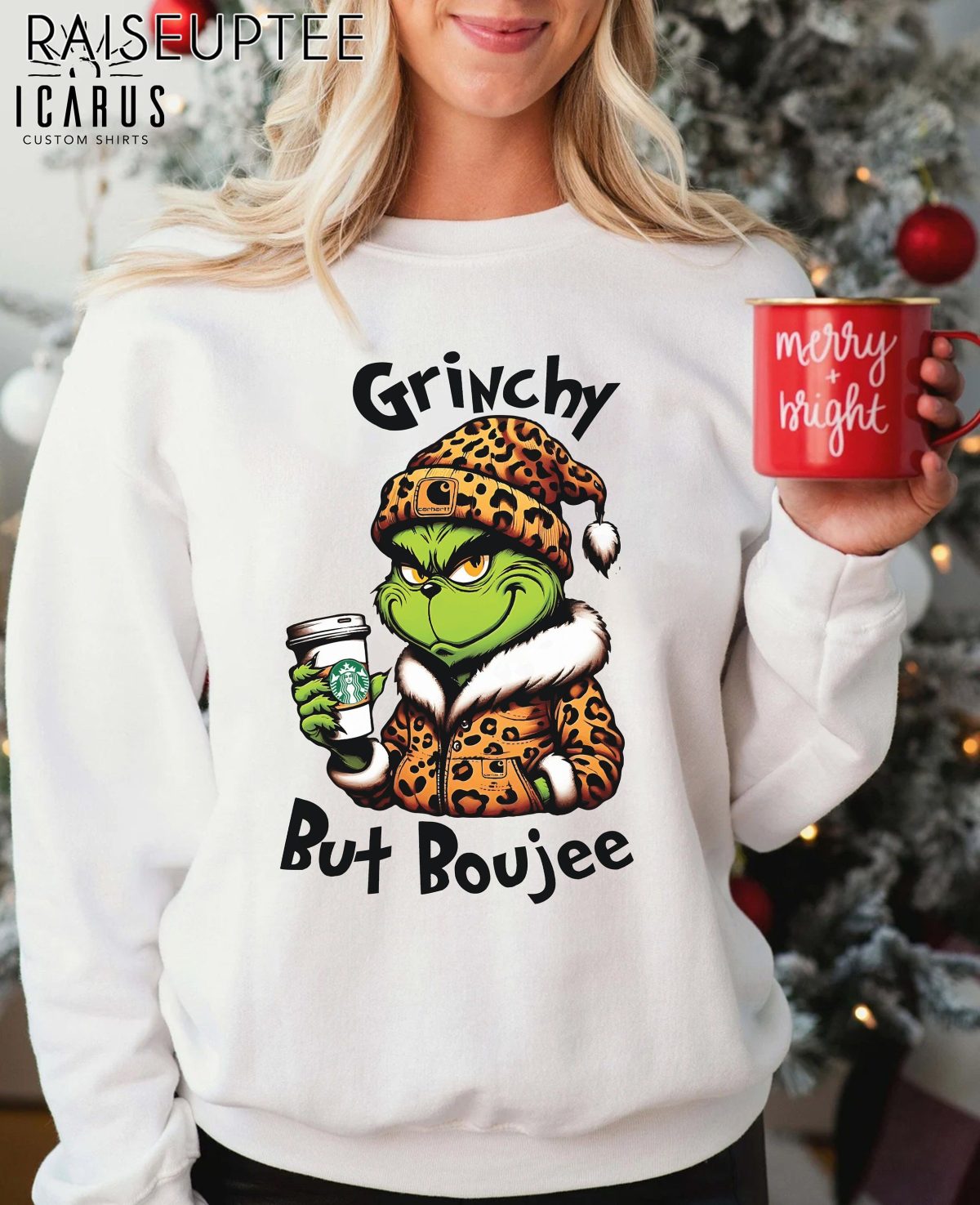 Grinchy but Boujee Christmas Sweatshirt Trendy Bougie Holiday Sweater Funny Christmas Gifts for Her Leopard Print Grinchmas Women Xmas 5 scaled