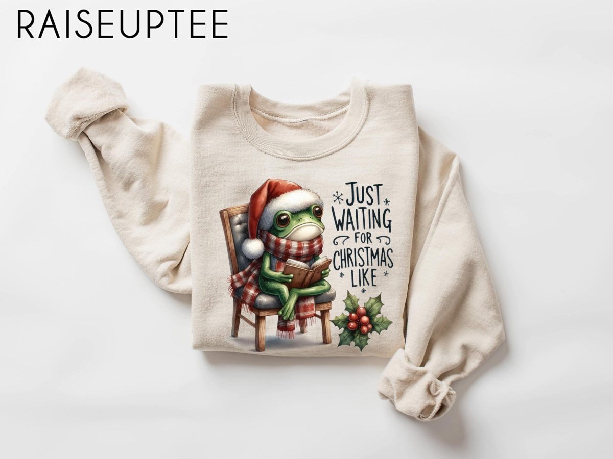 Just Waiting for Christmas Sweatshirt Christmas Frog Sweater Funny Christmas Shirt Christmas Santa Crewneck 1 scaled