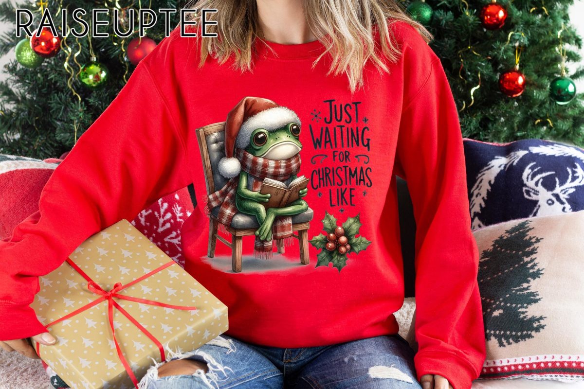 Just Waiting for Christmas Sweatshirt Christmas Frog Sweater Funny Christmas Shirt Christmas Santa Crewneck 2 scaled