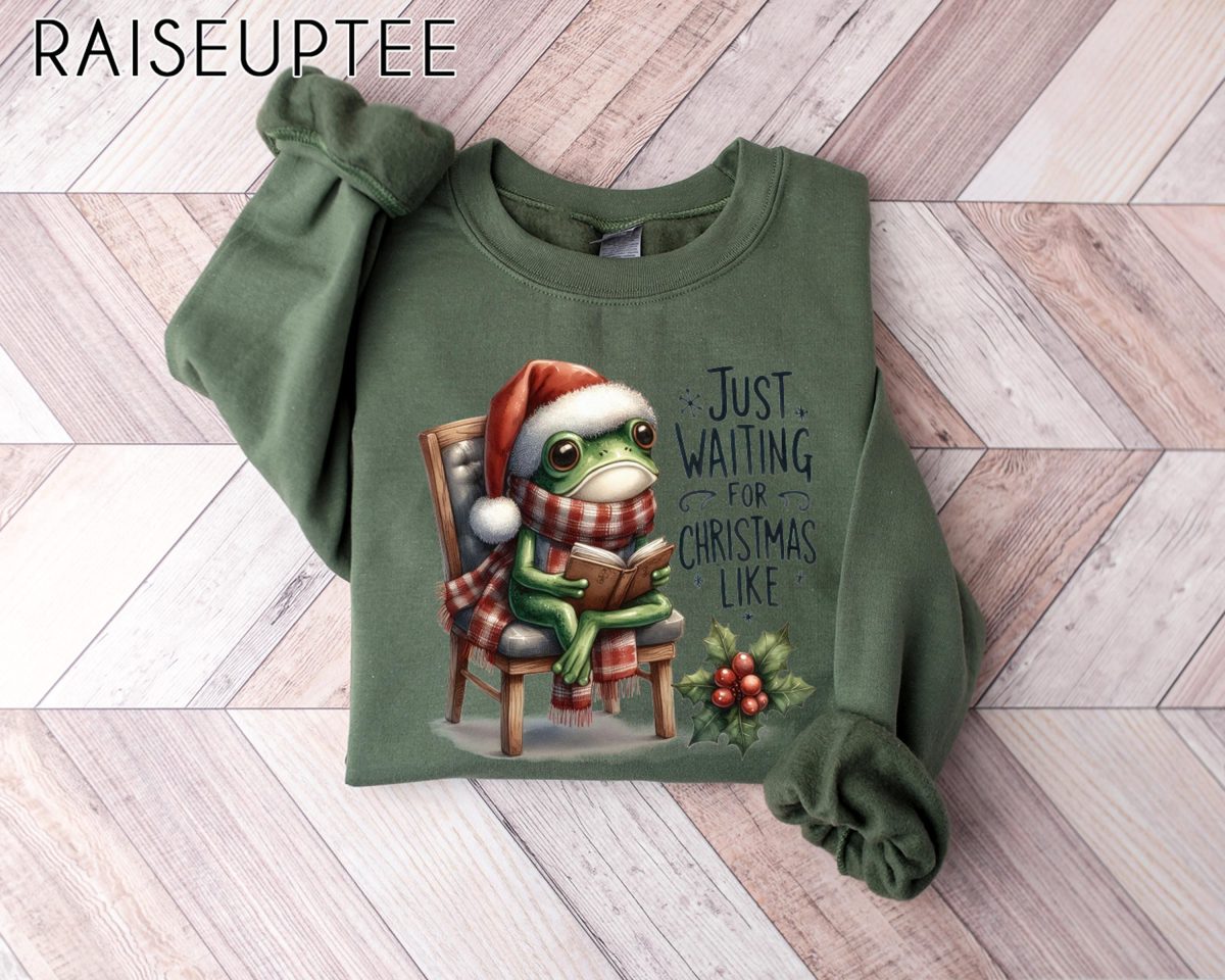 Just Waiting for Christmas Sweatshirt Christmas Frog Sweater Funny Christmas Shirt Christmas Santa Crewneck 3 scaled