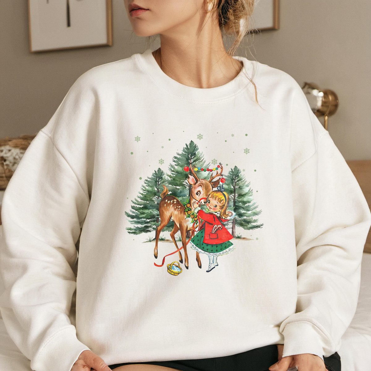 Vintage Christmas Girl and Reindeer Shirt Retro Christmas Shirt Retro 1950s Christmas Sweater Christmas Tree Sweatshirt Christmas Party 1 scaled