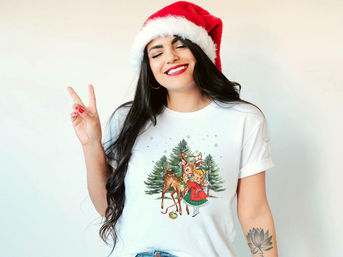 Vintage Christmas Girl and Reindeer Shirt Retro Christmas Shirt Retro 1950s Christmas Sweater Christmas Tree Sweatshirt Christmas Party 4 scaled