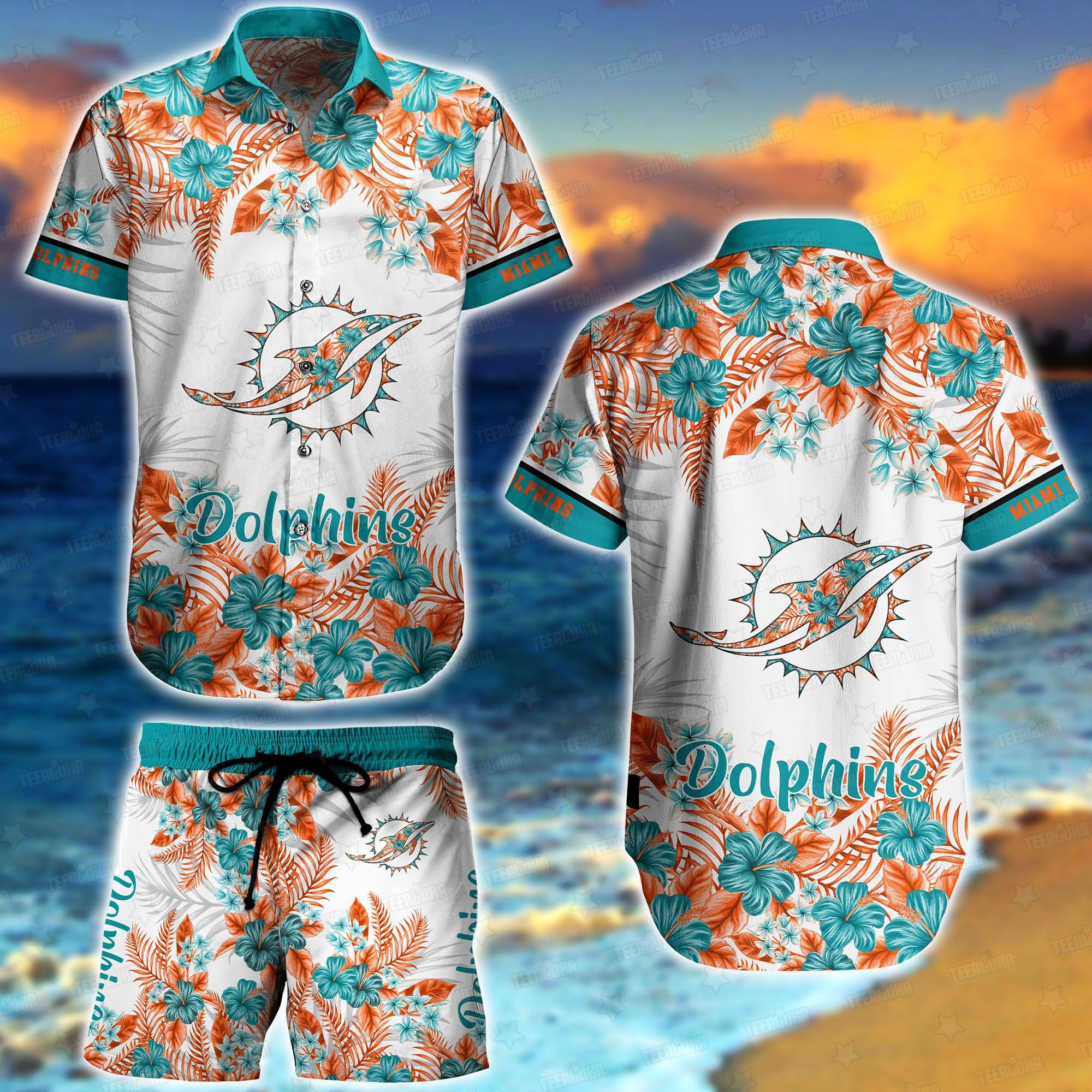 miami dolphins sunset hibiscus hawaiian set