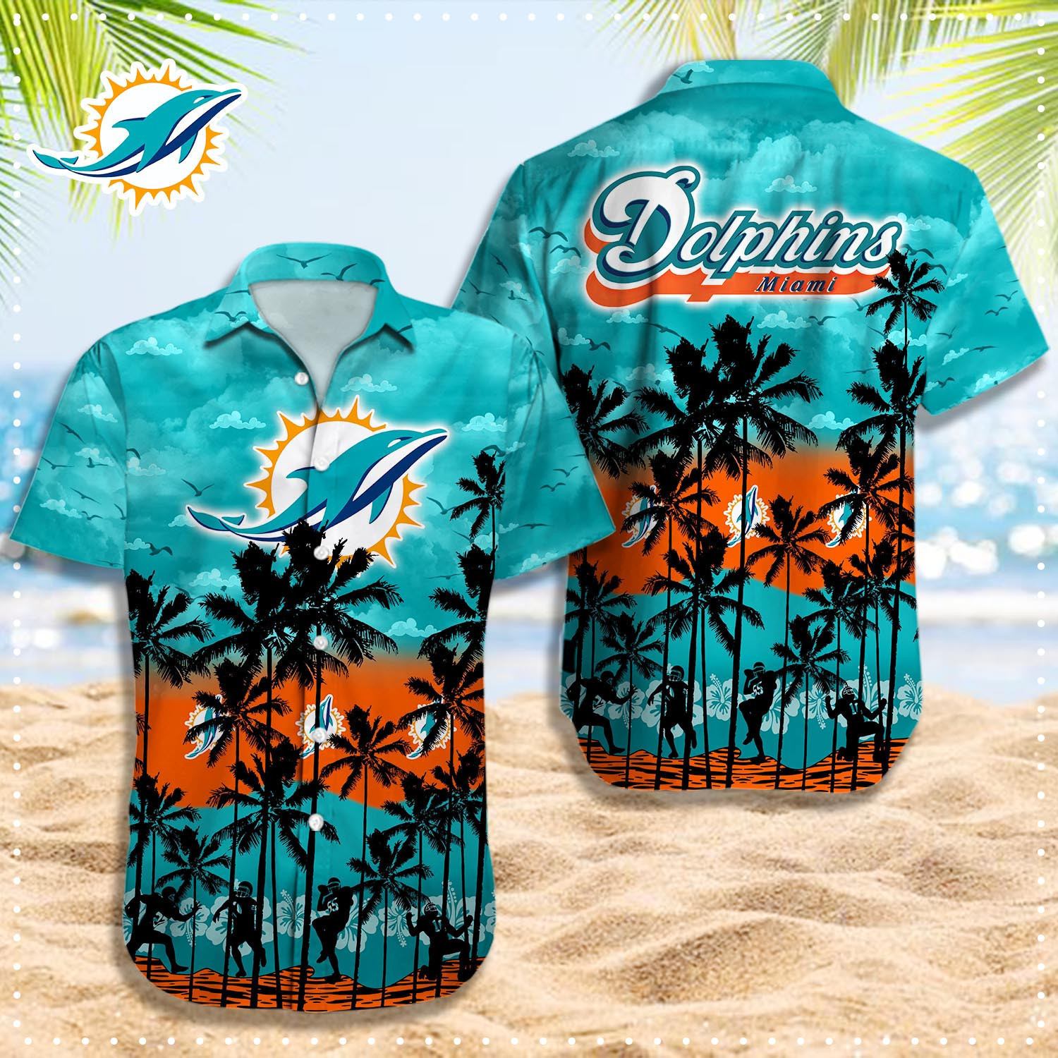 miami dolphins sunset palm with sky hawaiian shirt elslh