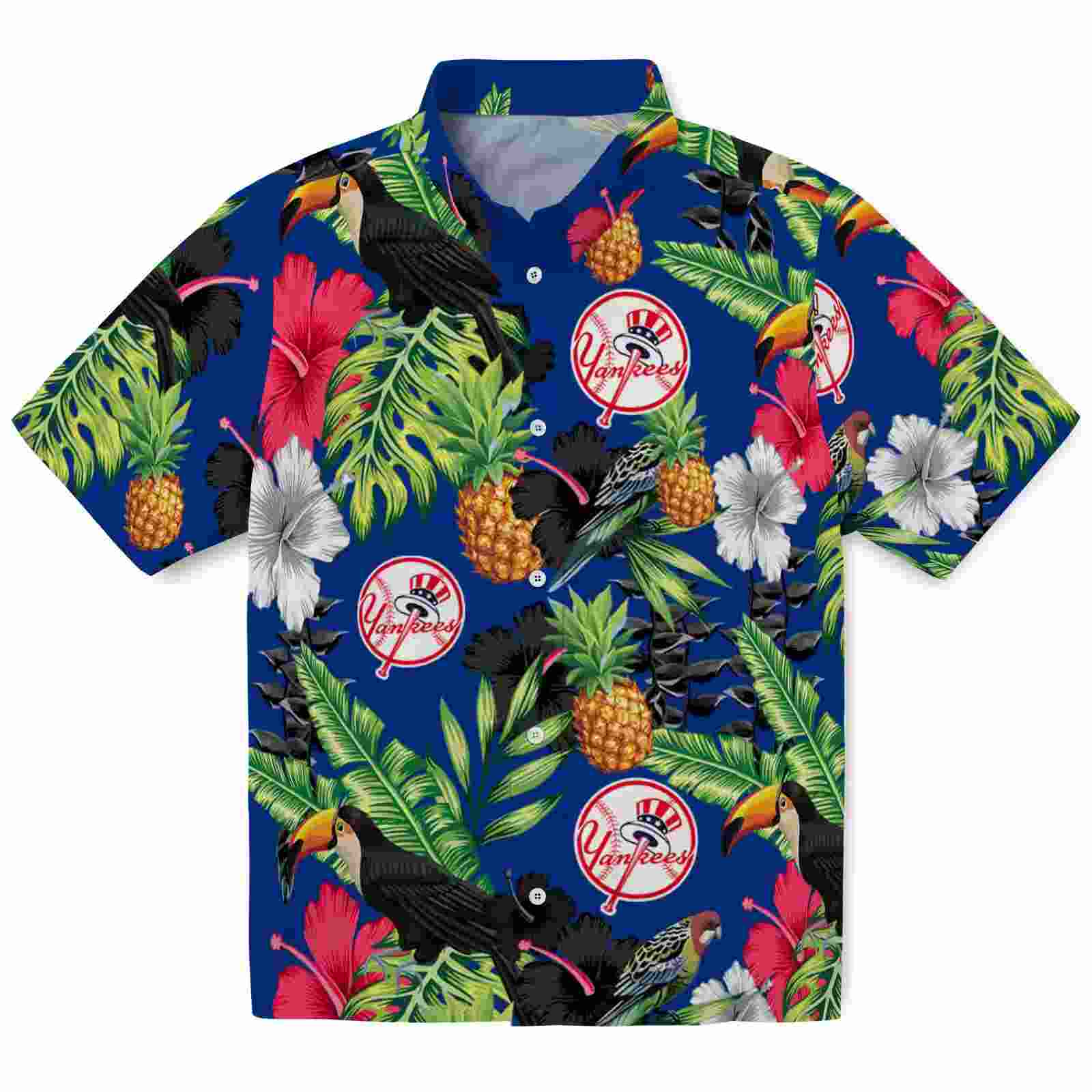 new york yankees toucan hibiscus pineapple navy green hawaiian shirt