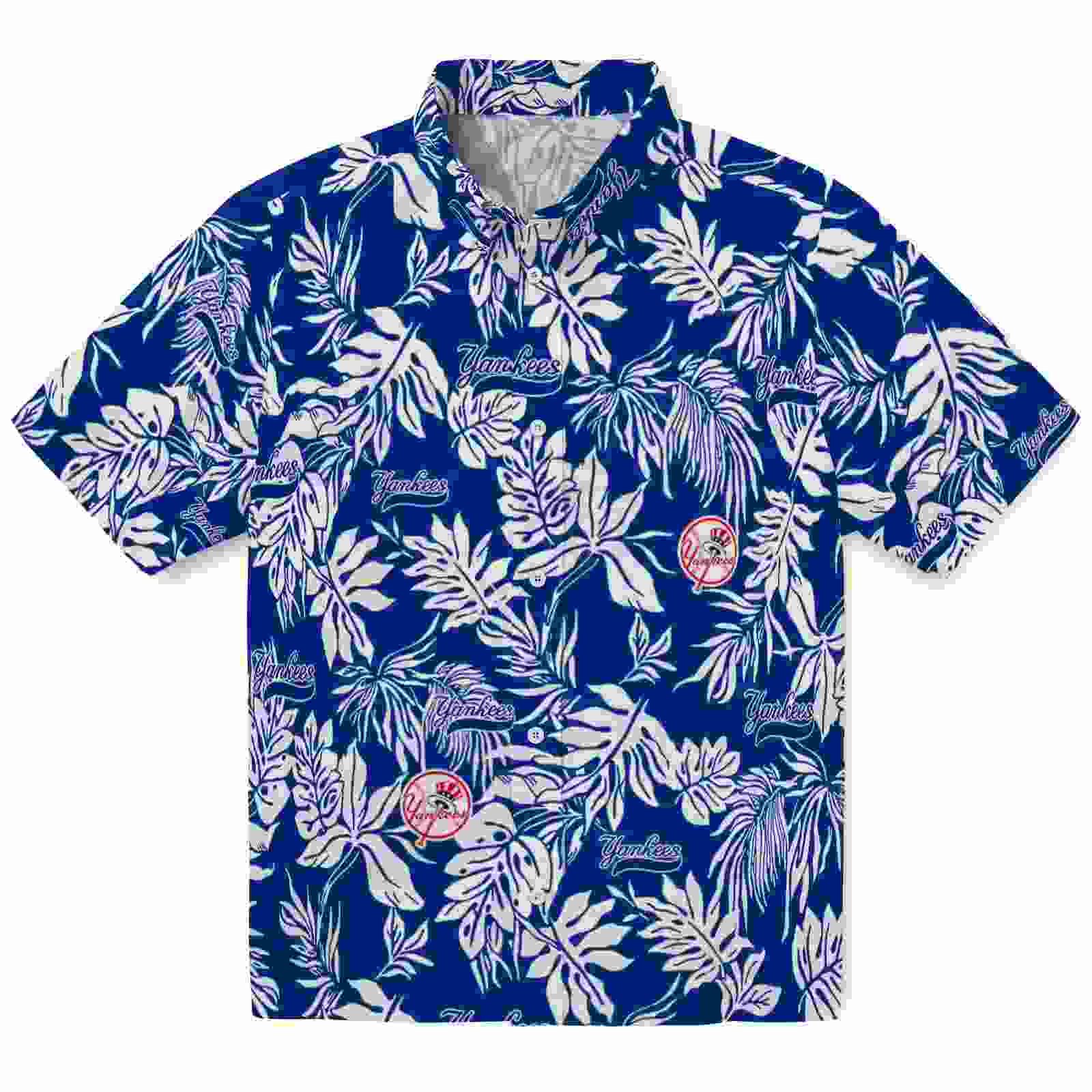 new york yankees tropical leaf navy white hawaiian shirt