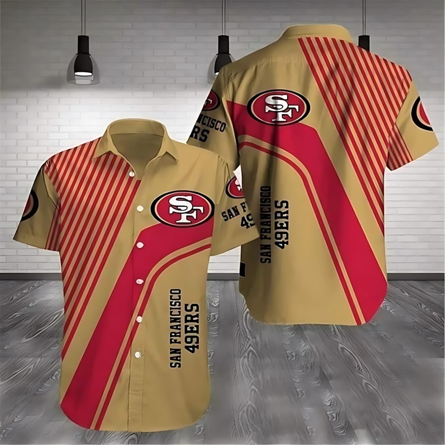 san francisco 49ers classic stripes hawaiian shirt